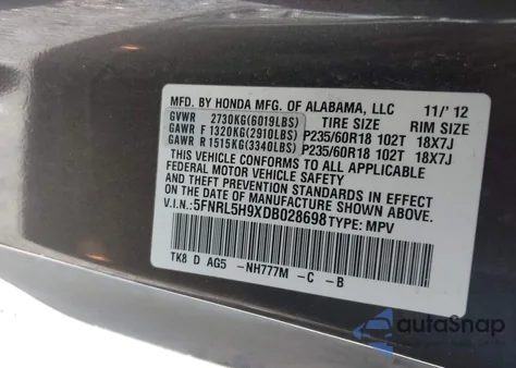 2013 Honda Odyssey Touring/Touring Elite z USA, uszkodzony, nr VIN 5FNRL5H9XDB028698